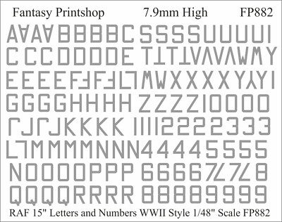 RAF Zahlen und Buchstaben 15'' Wasserschiebetransfers WW11 MED SEA GREY 1/48 FP882