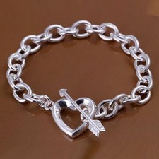 Elegant 925 Sterling Silver Heart Arrow New Fashion Jewelry Charms 8" Bracelet