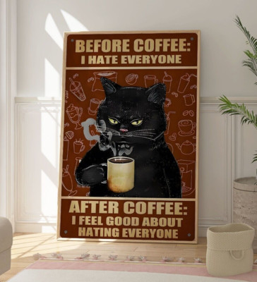 Kaffee Katze Schild Poster, lustiger Kaffeedruck, Küche Kunst Deko, moderne Katzenkunst