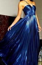GB Social Pleated Metallic Split Neck Long Dress Blue size