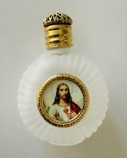 Holy water bottle frosted glass with the picture of Sacred Heart of Jesus