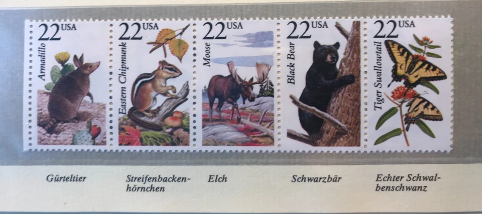 USA 1987 5er-Streifen Gürteltier Hörnchen Elch Bär Schwalbenschwanz postfrisch - Bild 1 von 1