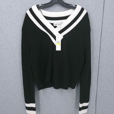 DKNY Jeans Varsity V Neck Relaxed Black Knit Sweater Womens Size M NWT