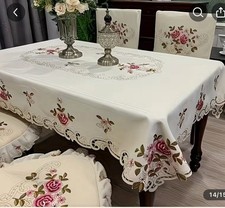 Embroidered White Rectangular Tablecloth with Pink Roses Floral Cutwork Design