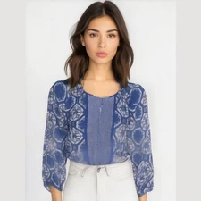 The Limited Blue White Geometric Lightweight Long Sleeve Boho Blouse Top XS