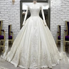 Muslim Wedding Dresses Hige Neck Long Sleeve Church Bride Dress Appliques