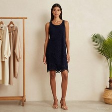 Evening Romantic Knee Length Dress Blue Lace Shift Sleeveless Lined M