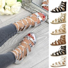 Womens ladies flat lace up strappy ankle tie gladiator ghillie sandals size