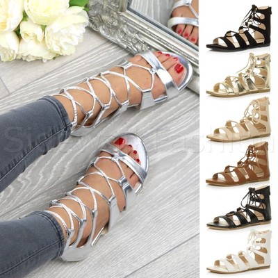 Womens ladies flat lace up strappy ankle tie gladiator ghillie sandals size