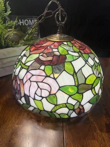 🌹Tiffany-Style Stained Glass Hanging Pendant Lamp – Floral Rose Design