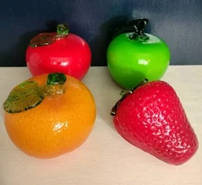 Set Of 4 Vintage Murano Style Blown Glass Fruit Apple Orange Strawberry Tomato