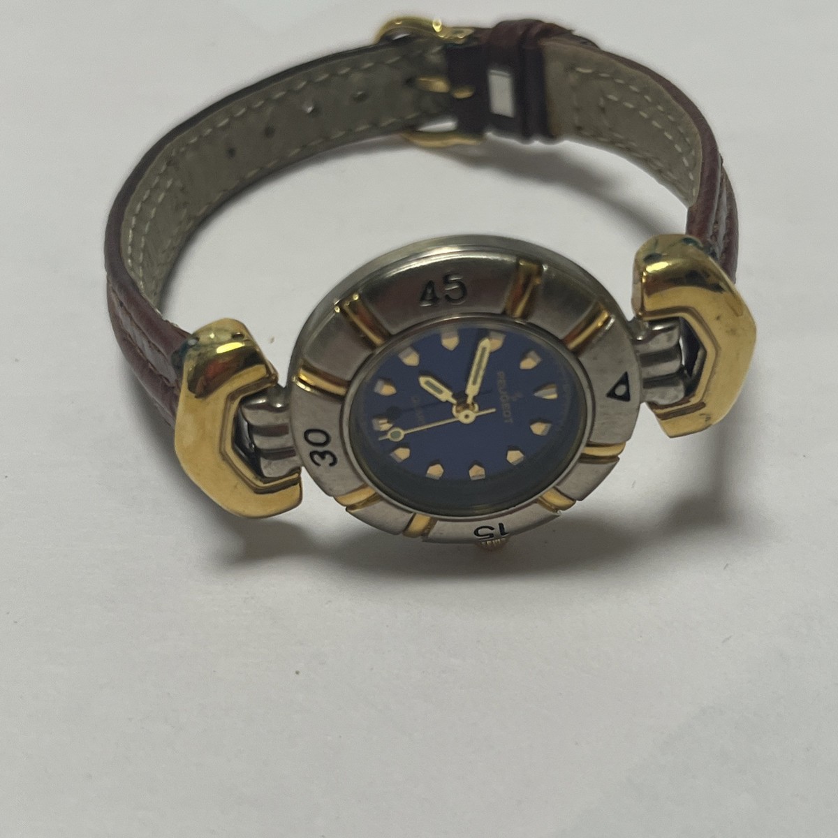 Vintage Peugeot Women Round Gold Tone Bezel Watch Brown Band