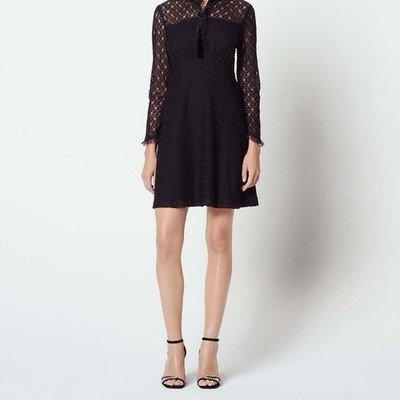 Sandro Paris Lace Dress Deep Navy Sheer Long Sleeve Ruffle Trim Size 40 NEW