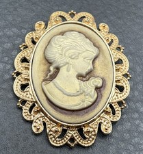 Vintage Cameo Lady Profile Oval Pin Brooch Wh...