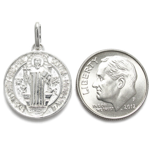 925 Sterling Silver Round 17mm St. Benedict Catholic Medal Charm Pendant - Picture 2 of 3