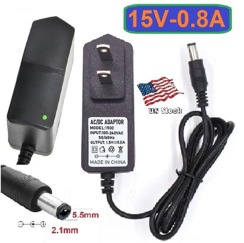 15V 0.8A AC/DC Adapter Power Supply for Home Electronics with 5.5x2.1mm Plug - Afbeelding 1 van 7