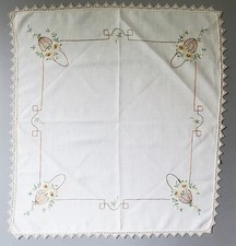 Vintage Cotton Embroidered 26" Square Table Topper Yellow Flowers in Baskets