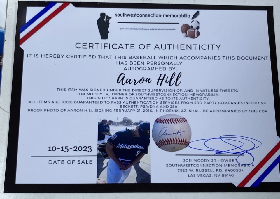 Autógrafo firmado por Aaron Hill Liga Oficial de Béisbol Toronto Azulejos Certificado de Autenticidad Foto 4 de 4