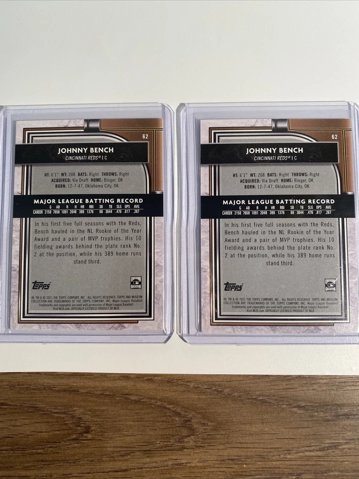 2021 Topps Museum Collection #62 Johnny Bench Base Cincinnati Reds Lot Of 2 - Image 2 of 2