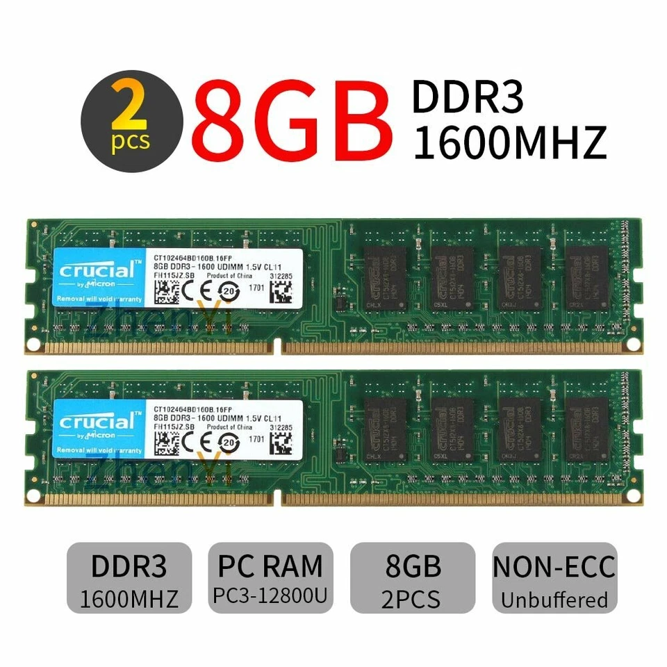 16GB 8GB 4GB DDR3 1600MHz PC3-12800U 240pin DIMM Desktop Memory Crucial LOT BT - Image 2 of 4