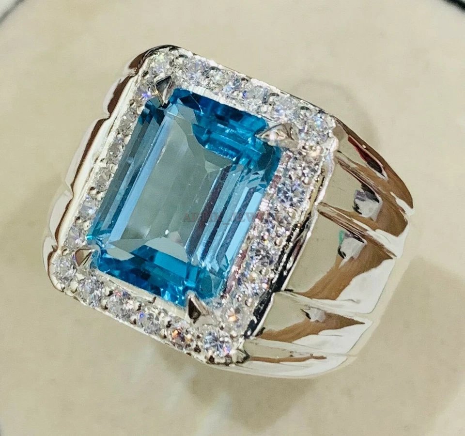 Natural Blue Topaz Gemstone with 925 Sterling Silver Ring for Men's AJ489 - Image 4 of 4