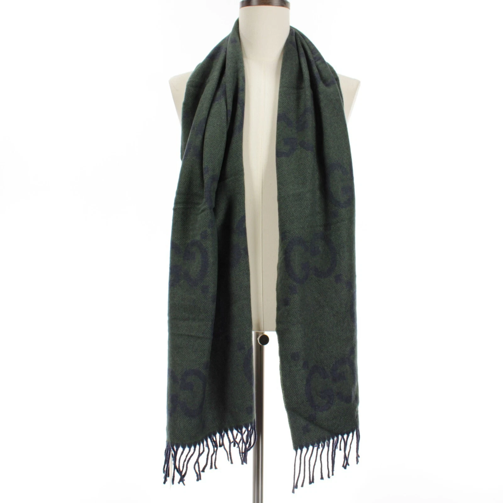 Foulard Gucci neuf avec étiquette 100% cachemire monogramme taille unique en vert et bleu Made in Italy