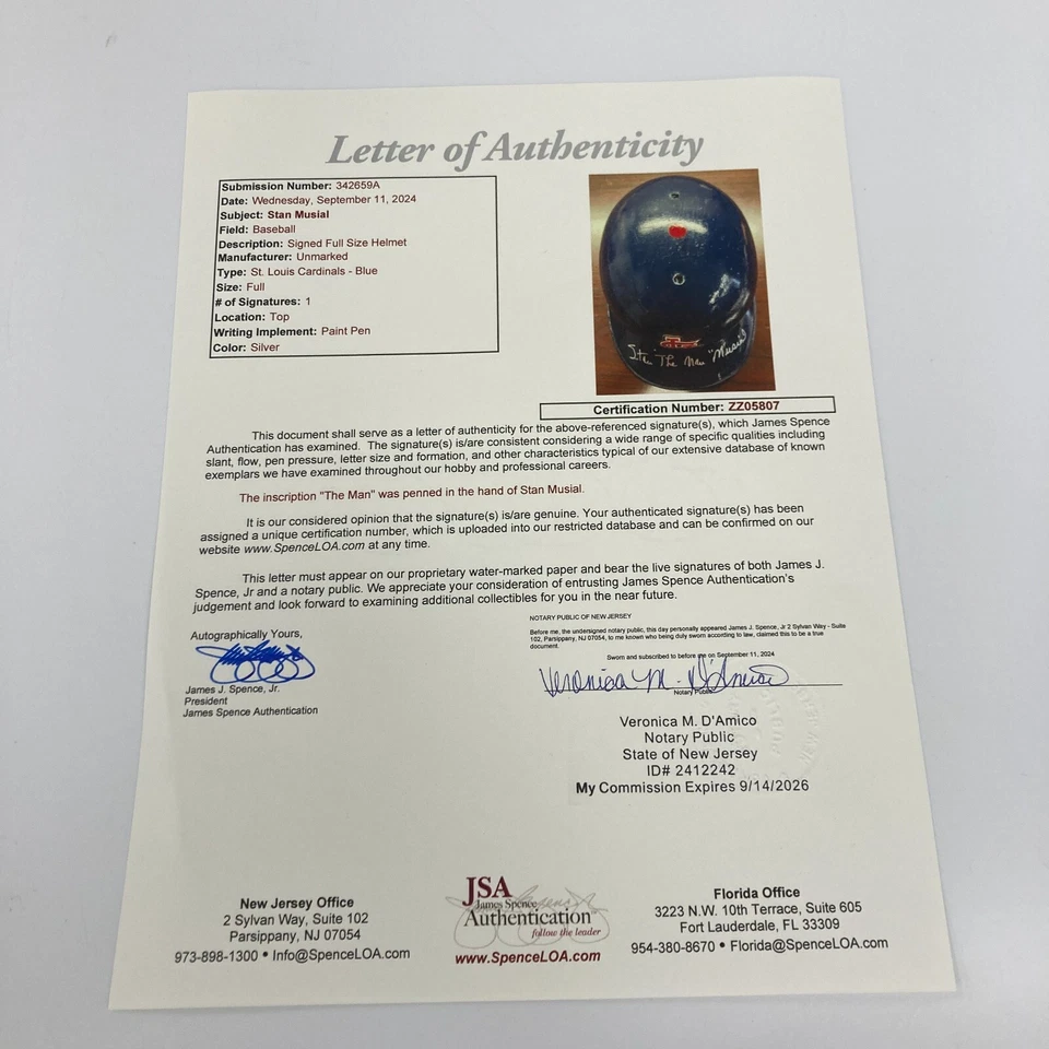 Подлинный шлем с автографом Стэна Мюзиала «Человек» из St. Louis Cardinals сертификат подлинности JSA - Изображение 3 из 4