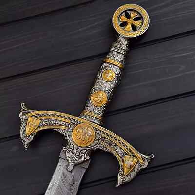 KNIGHTS TEMPLAR SWORD Hand Made Damascus Sword With pewter Handle..
