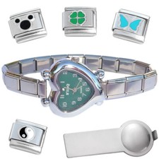 Sage Green Heart Italian Charm Watch Bracelet Plus Charm Tool Enamel Charms