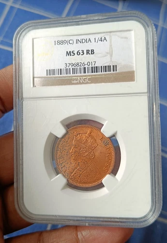 NGC MS Graded British India Victoria Quarter Anna 1889 Calcutta-Excellent grade