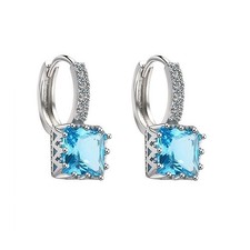 Sterling Silver Plated Square Crystal Accents Drop Earrings, Huggie Hoops wit...