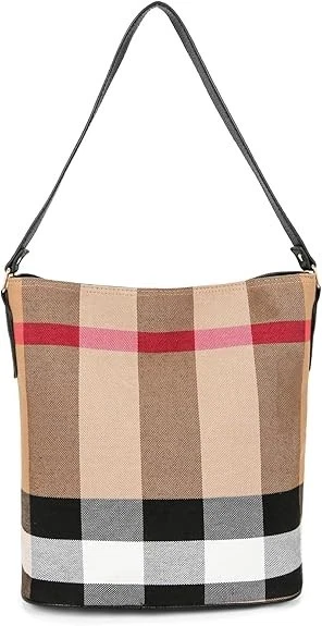 Canvas Plaid Bucket Shoulder Purse Designer Tote Bag Black NWT