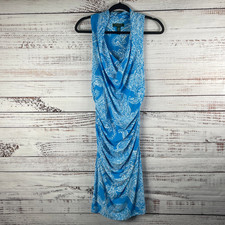 Lauren Ralph Lauren SZ 8 Blue Cowl Neck Jersey Sheath Ruched Dress Paisley Print
