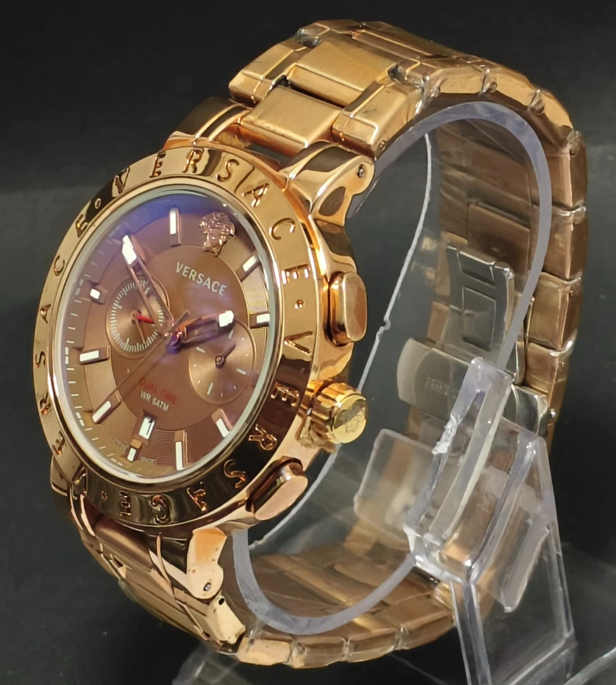 Luxury Versace Chronograph Men Brown Dial Stainless Steel Band Quartz Wristwatch - image 3 of 4
