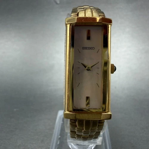 Seiko Tank Watch Women 14mm MOP Dial Gold Tone Rectangle 2e20-7609 New BatteryAB