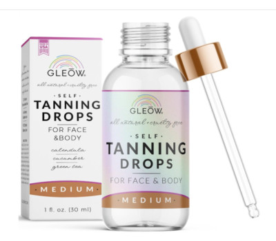 GLEOW Self Tanner Tanning Liquid Drops for Face & Body, Medium, 1oz EXP 05/26
