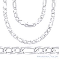 6mm Figaro Link Chain Diamond-Cut Pave Necklace Solid .925 Italy Sterling Silver