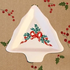 Vtg CHRISTMAS TREE Shaped Candy Dish CHRISTMAS RIBBONS International China 7”x6”