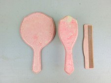 Vintage Antique 1940s Childrens Pink White Mottled Brush Comb Mirror Vanity Set