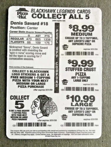 1998 PIZZA HUT CHICAGO BLACKHAWK LEGENDS DENNIS SAVARD PROMO CARD - Picture 2 of 2
