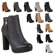894839 Damen Ankle Boots Plateau Stiefeletten Zipper Holzoptikabsatz New Look