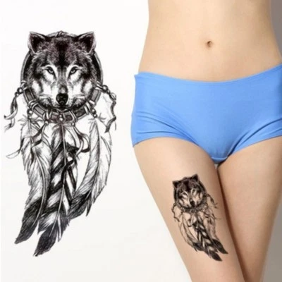JUSTFOX Temporary Tattoo Wolf Feathers Design Temporary Adhesive Tattoo Body Art
