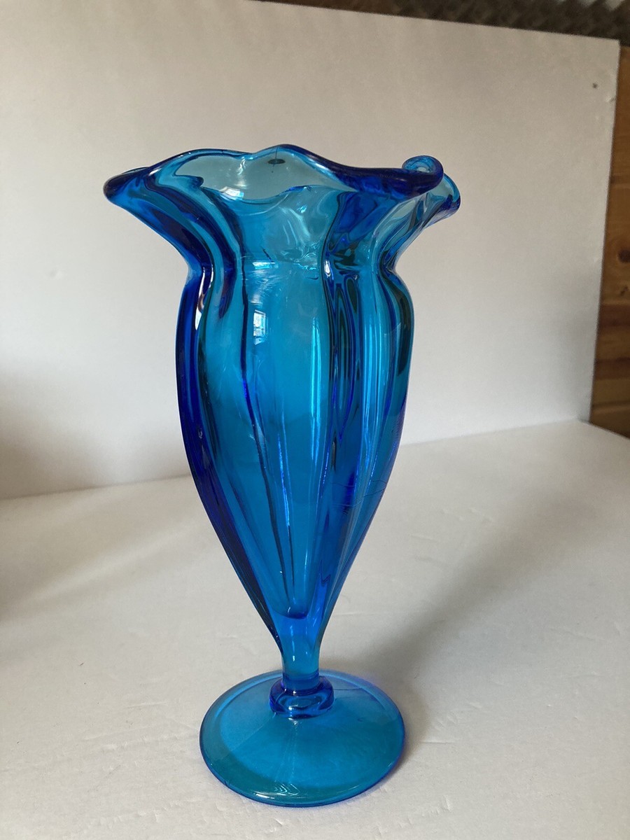 工芸品  Pampula vase 290mm Vintage Optic Rib Blue Blown Glass Vase Four Edge Turnip