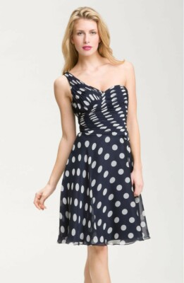 Adrianna Papell Occasions One Shoulder Polka Dot Chiffon Dress Sz