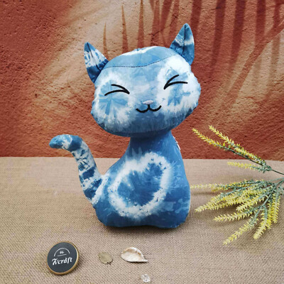 Handmade Shibori Cotton Smile Cat, Animal Toy DIY, Indigo Tie Dye