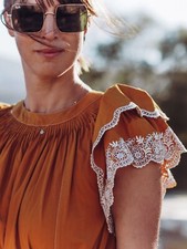 ULLA JOHNSON Eyelet Embroidery Wide Leg Jumpsuit Dress Cotton Poplin Mustard 0 8