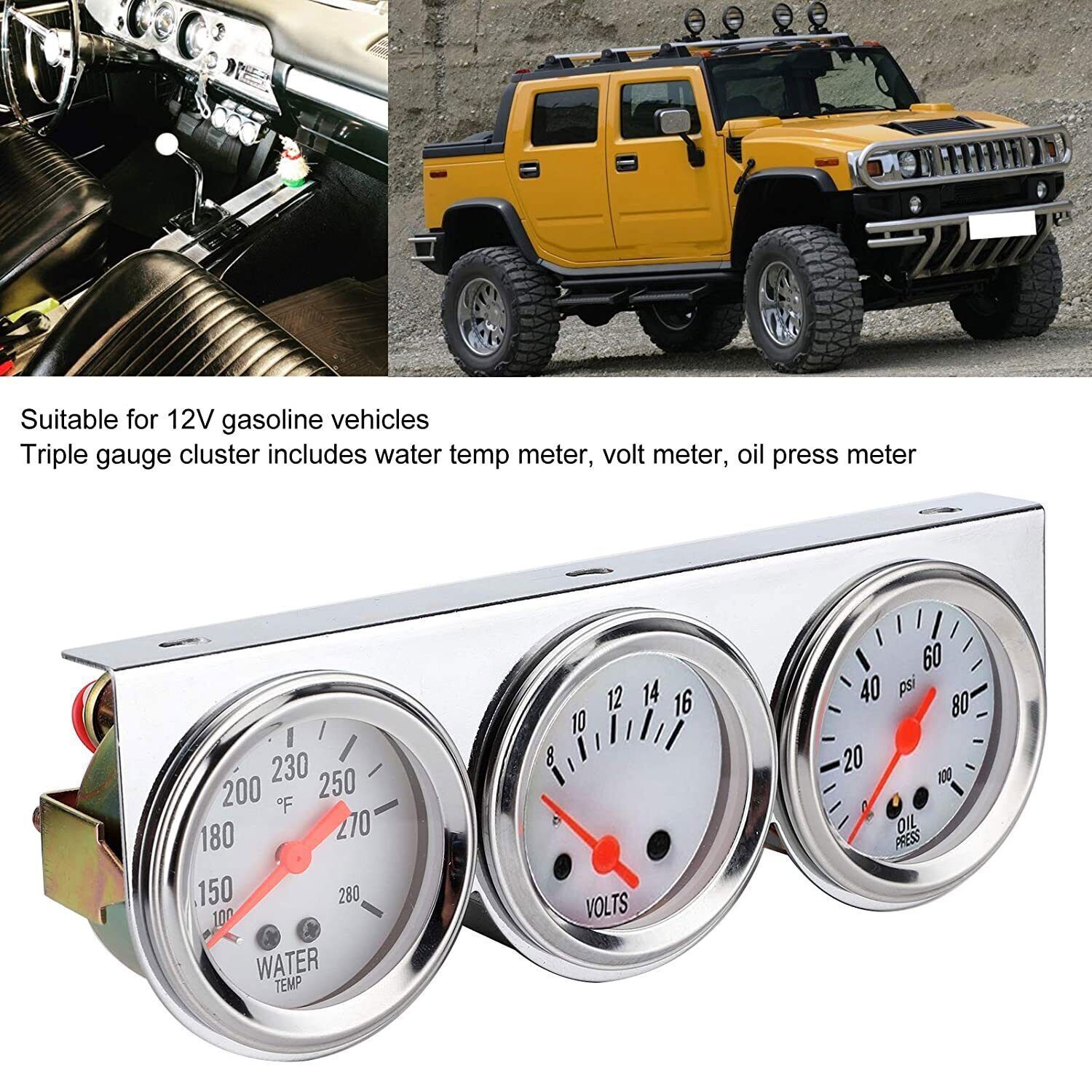 2'' 52mm Chrome Volt Water Oil Pressure Triple 3 Gauge Set Gauges Kit