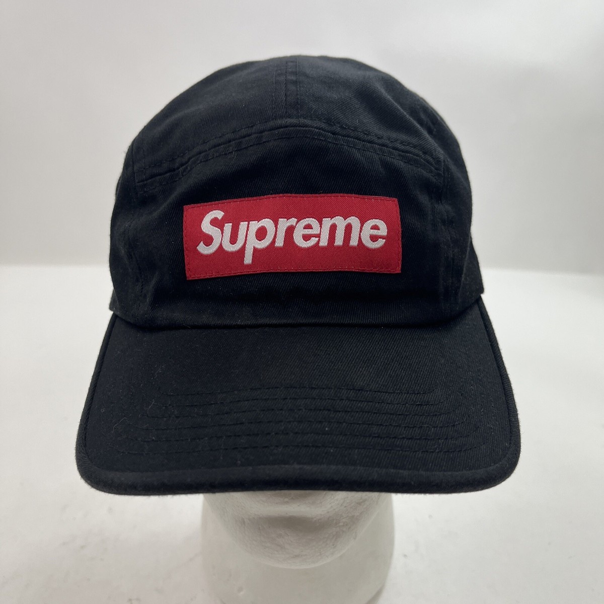 Supreme Black 5 Panel Camp Hat Red Box Logo Leather Strap Made USA 