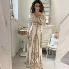 Elegant Moroccan Kaftan Muslim Evening Dresses Long Sleeve Appliques Golden Lace