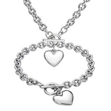 Fashion Stainless Steel Rolo Chain Heart Charm Necklace  Bracelet Jewelry Set